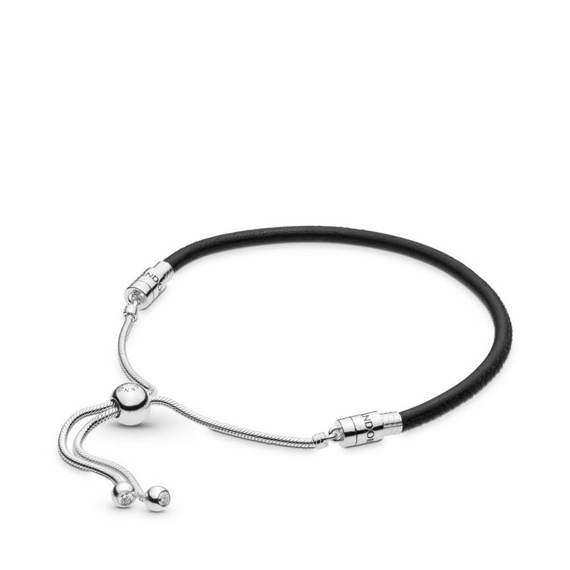 Pandora Sliding Black Leather Bracelet Outlet NZ, Sterling Silver (918765-XWZ)